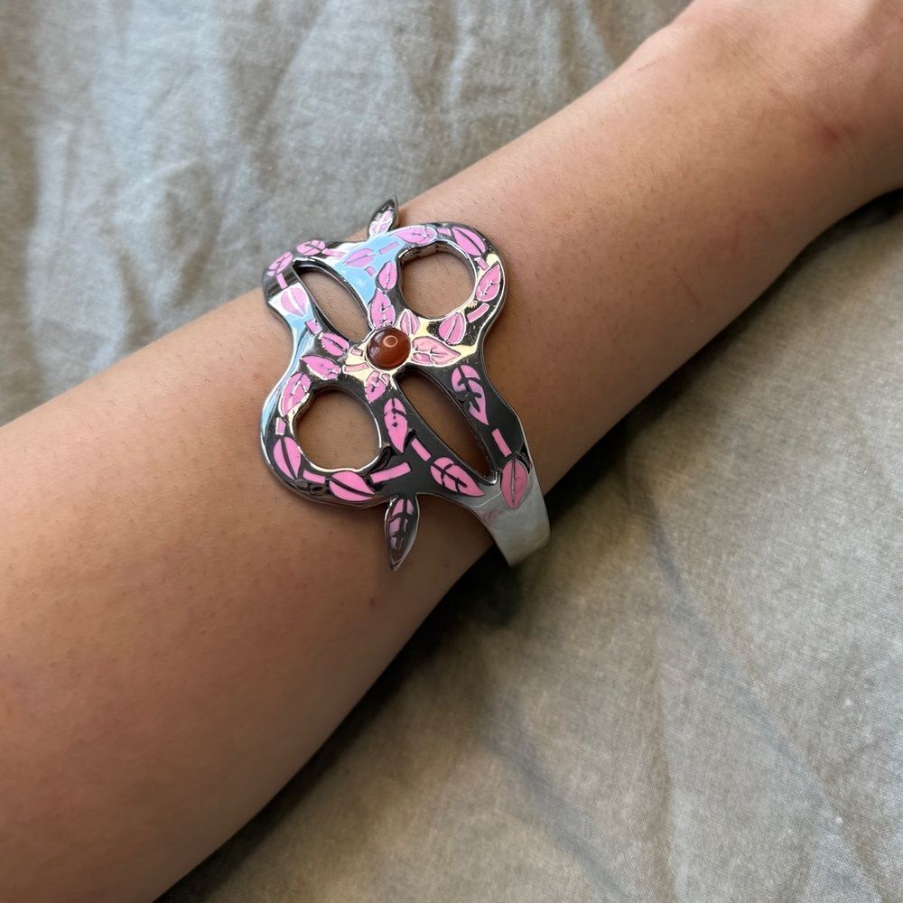 Vintage Silver Cuff with Pink Floral motif with Bead Accents Ballet Core